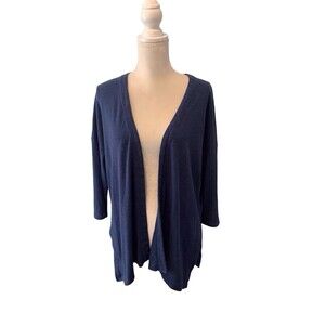 Pure Jill Linen Blend Open Cardigan Sweater Women's Med  Navy Blue 3/4 Sleeve